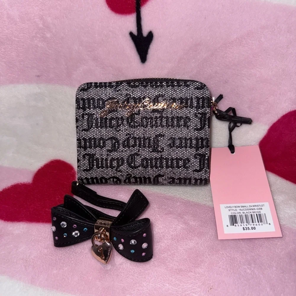 NWT Juicy Couture Black/Gray Wallet with Black Bow and Heart Charm
